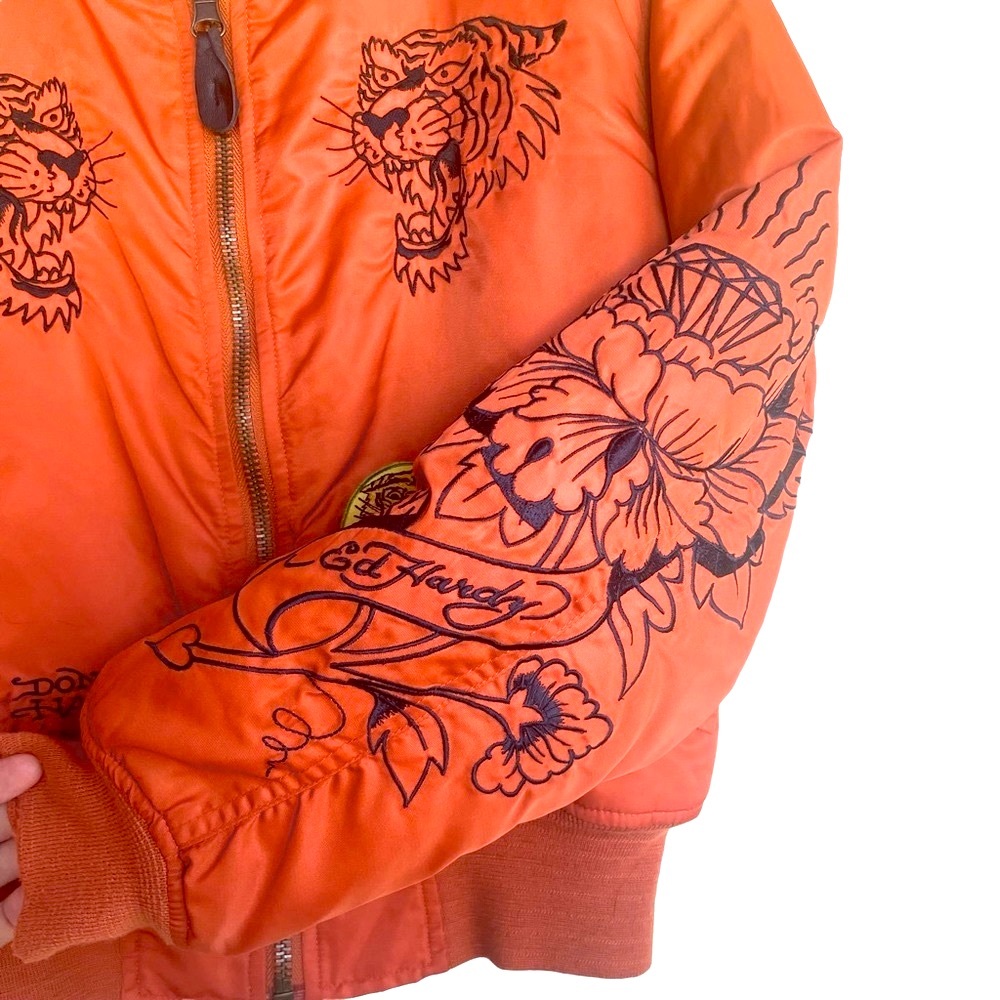 Ed Hardy Bomber Puffer Jacket Tiger Koi Fish Death Before Dishonor Reversible - Picture 4 of 7